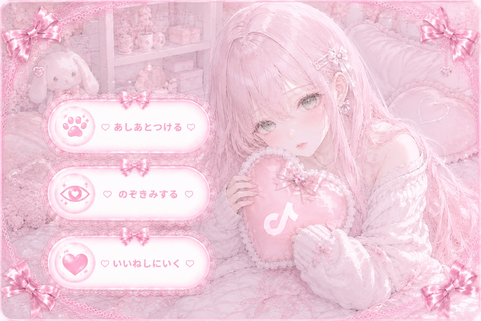 ピンクの部屋で女の子がTikTokのハートクッションを持つ、リボンとレースのSNSデザイン。ボタンは あしあとつける、のぞきみする、いいねしにいく。